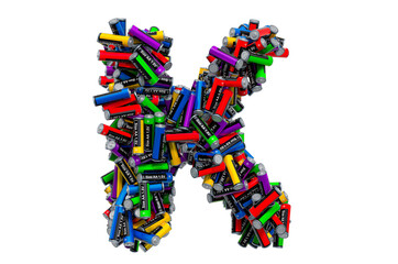 Letter K from colored AA batteries, 3D rendering