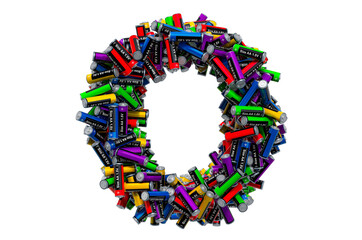Letter O from colored AA batteries, 3D rendering