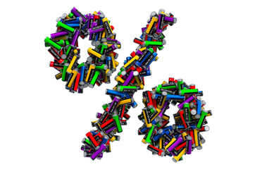 Percent symbol from colored AA batteries, 3D rendering