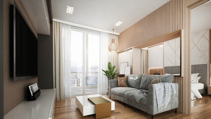 Fototapeta na wymiar Modern luxury interior design of penthouse living room and bedroom 