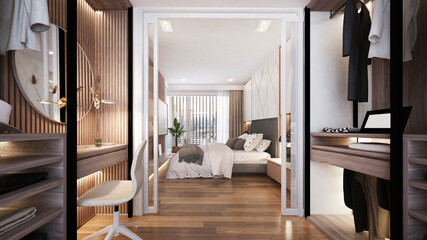Fototapeta na wymiar Modern luxury interior design of walk in closet and bedroom space