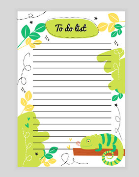 Vector illustration page with lines to do list with chameleon, hearts, stars, leaves, color background