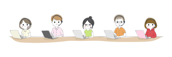 マスクとヘッドセットをつけてノートパソコンに向かう若い男女
