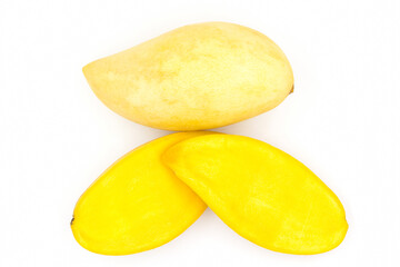 Ripe yellow mango fruit​ (Barracuda​ mango)​ with​ sliced​ on​ white background