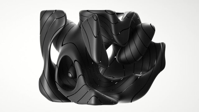 3d abstract art loop animation with surreal organic cubical object in organic curve round wavy smooth and soft bio forma in black matte rubber material with lines pattern on isolated white background