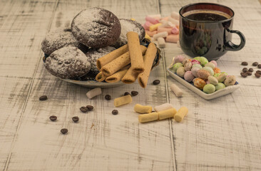 sweet tender cookies with coffee and decoration with old vintage figurines