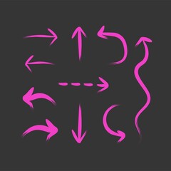 set of hand drawn all directions up down left right zig zag spiral round pink arrows brush style vector