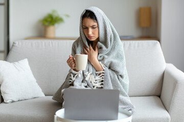 Woman Having Fever Sitting At Laptop Wrapped In Blanket Indoors
