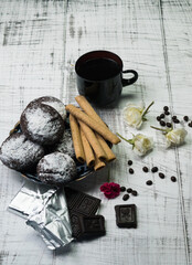 sweet tender cookies with coffee and decoration with old vintage figurines