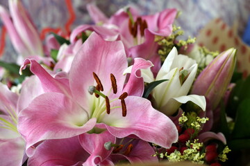 Pink lily flowers in a bouquet. Natural flowers. Table decoration