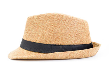 Vintage straw fedora hat isolated on white background