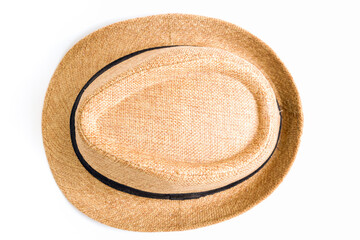 Vintage straw fedora hat isolated on white background