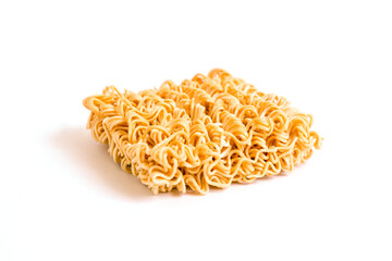 Raw food of crispy instant noodles on white background
