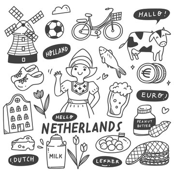 Hand Drawn Holland Doodle Set, Food and Drink, Traditional Clothes, Building