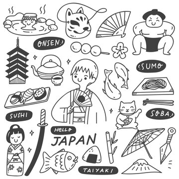 Japan Culture Doodle Set, Traditional Dress, Food And Drink, And Other Related Objects