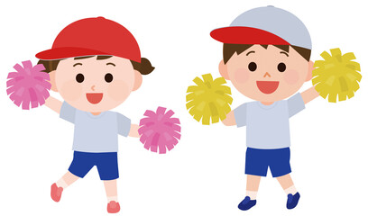 運動会　応援でポンポンを持つ　男女　イラスト