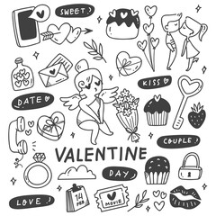 Set of Hand Drawn Valentines in Doodle Style, Suitable for Background, Fabric Print