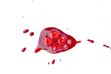 Blood drop isolated on white background.Red spot. Blood splatter on white. Blood stains with bubbles close-up. 