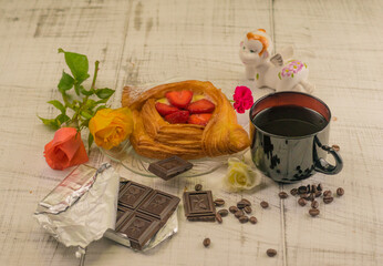 Strawberry dessert with coffee and chocolate morning Breakfast with flowers