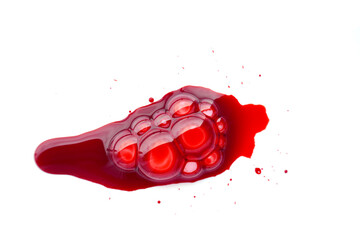 Blood drop isolated on white background.Red spot. Blood splatter. Blood stains with bubbles...