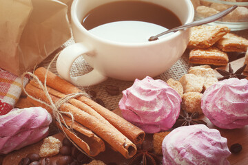 Coffee dessert with blueberry marshmallow and condiments. Sweets for coffee drink.