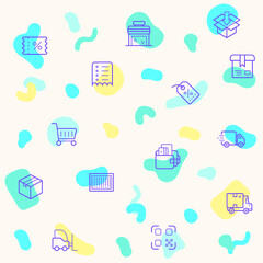 Seamless pattern on the theme of e-commerce and shopping. Collection of decorative store, delivery, package, box, coupon, cart, adding, shipping, tags, market and other elements. 