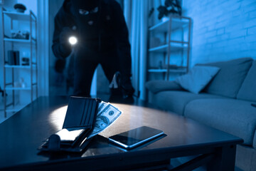 Robber breaking in an apartment ready to steal something