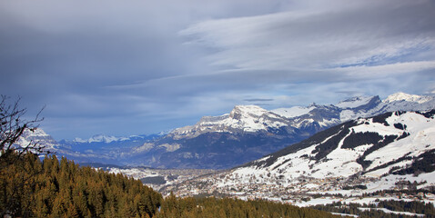 Panoramic view of the mountains of France on a winter sunny day. Haute Savoy, France. Snow Park.