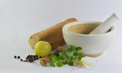 white herb blender with aloe vera, gooseberry, and other herbs representing ayurvedic medicine in white background. 