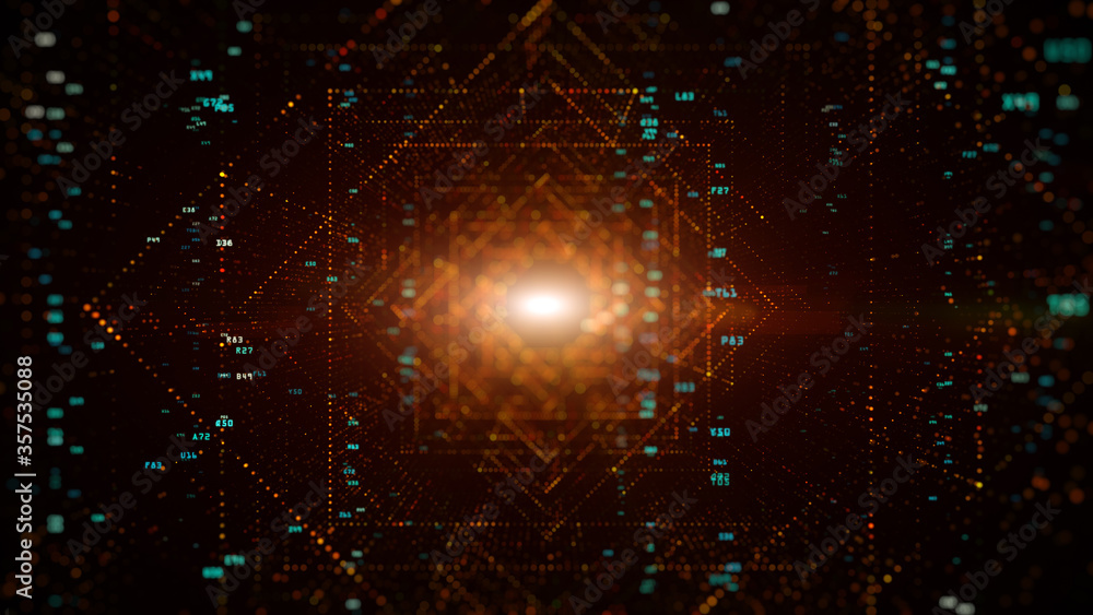 Aufkleber digital tunnel of cyberspace with particles and digital data, technology network connections backgro