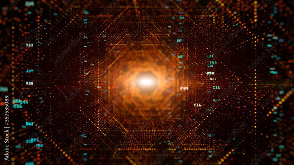 Aufkleber digital tunnel of cyberspace with particles and digital data, technology network connections backgro