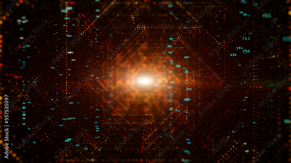 Poster digital tunnel of cyberspace with particles and digital data, technology network connections backgro