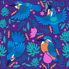Fototapeta na wymiar Seamless pattern with kingfishers on a purple background. Vector graphics.