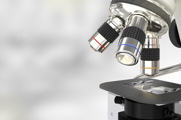 bio development concept, object 3D illustration -  lab electronic scientific microscope on selective focus background