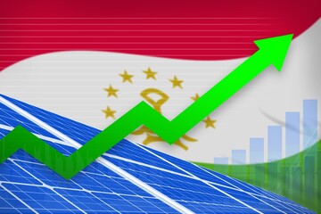 Fototapeta premium Tajikistan solar energy power rising chart, arrow up - modern natural energy industrial illustration. 3D Illustration