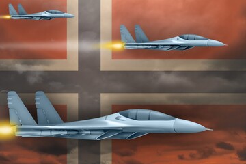 Norway air forces strike concept. Air planes attack on Norway flag background. 3d Illustration