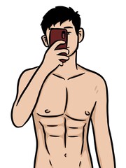 Fototapeta premium Cartoon man use mobile for selfie