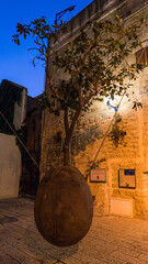 Hanging orange tree in Old Jaffa at night, Tel Aviv, Israel. The symbol of the Jewish people torn from their homeland.