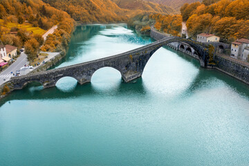 aerial view of the medieval bridge of the devil village in mozzano lucca Tuscany