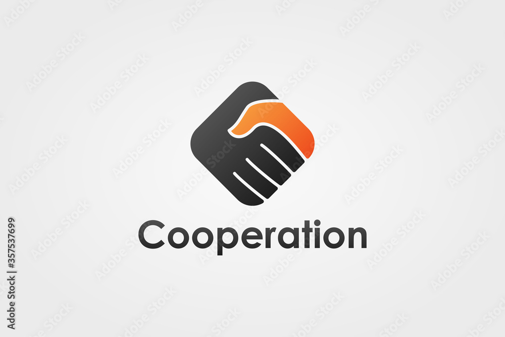 Poster handshake logo. two hands make a deal in black and red square rounded shape isolated on white backgr
