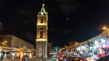 Clock tower in Old Jaffa at night, Tel-Aviv, Israel.