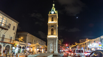 Fototapeta premium Clock tower in Old Jaffa at night, Tel-Aviv, Israel.