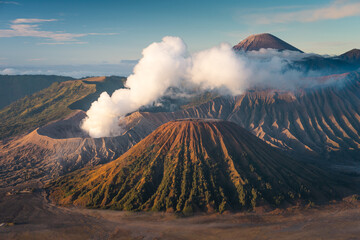 Beautiful landscape of Bromo active volcano mountain in a morning sunrise, East Java island in Indonesia