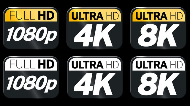 Hd, 2k and 4k set icon in simple flat style. Vector isolated illustration. Black, white and golden video or screen resolution logo icons. Set from 1080p, 4K and 8k
