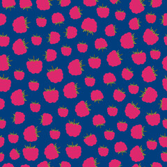 Yummy raspberries on dark blue background, vector seamless pattern. Organic berries texture. Wallpaper, textile design