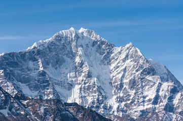Fototapeta na wymiar Thamserku mountain peak view from Dingboche village, Himalaya mountains range in Everest base camp trekking route, Nepal