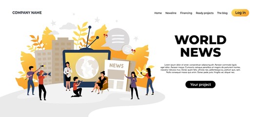 News landing page. Mass media and online news source web page concept, content creating and interview recording. Vector illustration social journalism website for internet communication