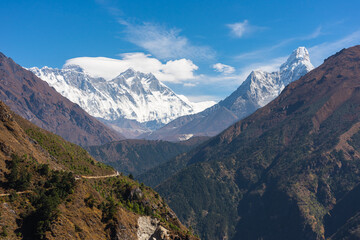 Naklejka premium Himalayas mountain range along the way to Everest base camp including Everest, Nuptse, Lhotse, and Ama Dablam, Nepal