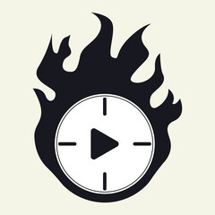 The clock with play button and fire silhoutte vector. Deadline, spirit concept