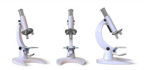 Realistic microscope. 3D Science and medical instrument for research, laboratory magnification tool for study and survey. Vector isolated set illustration lab grey tools on white background